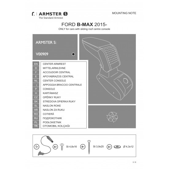 Cotiera Armster S FORD B-MAX 2015-2017 +12V capac piele eco, neagra pentru masini cu consola centrala culisanta