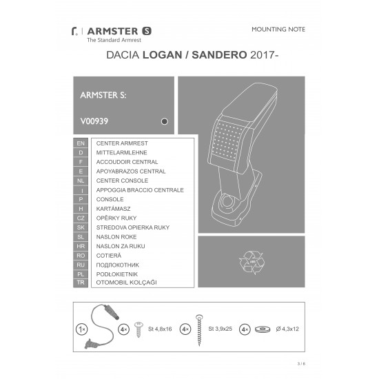 Cotiera Armster 3 DACIA LOGAN 2017-2020 +12V capac material textil, neagra