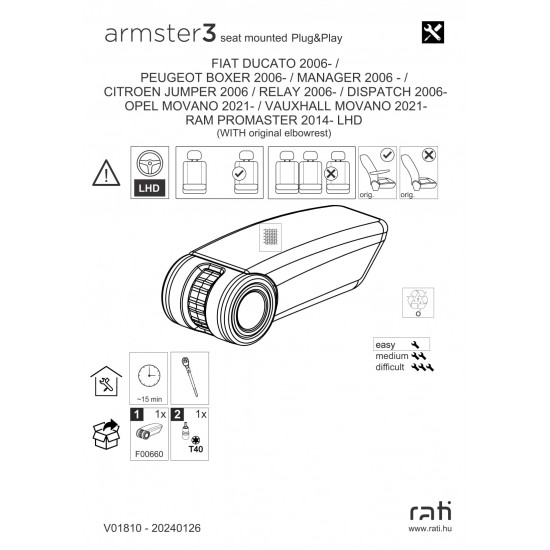 Cotiera OE1A RAM PROMASTER 2014-Prezent pentru masini cu cotiera din fabrica, 2 locuri, piele eco neagra