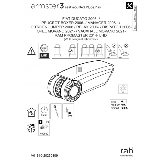 Cotiera OE1A RAM PROMASTER 2014-Prezent pentru masini cu cotiera din fabrica, 2 locuri, negru textil